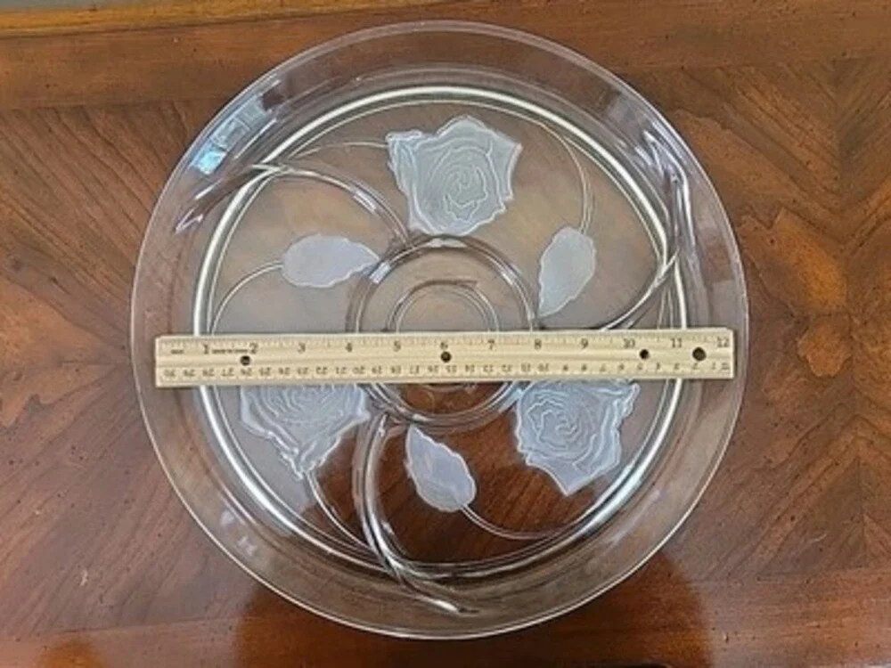 Indiana Glass Pressed Frosted Rose Divided  13” Appetizer Tray